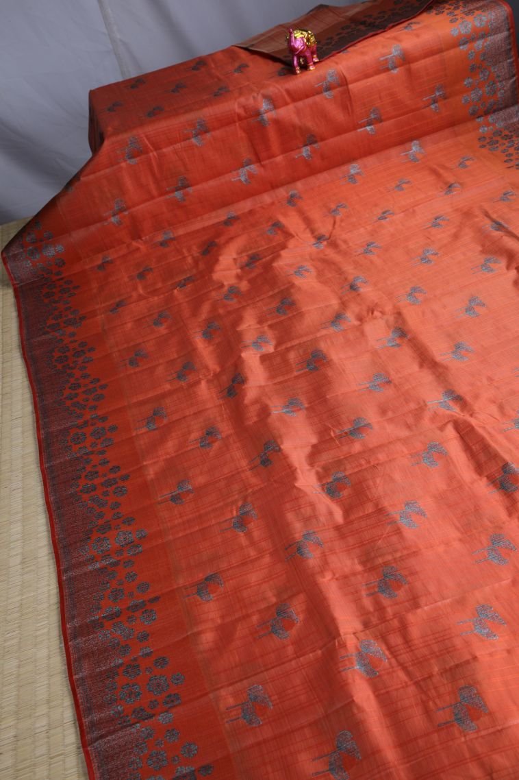 Dawn Red Raw Silk Sarees with Without Zari Zari Floral Patterns view 2