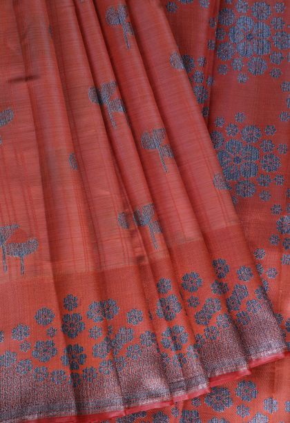 Dawn Red Raw Silk Sarees with Without Zari Zari Floral Patterns