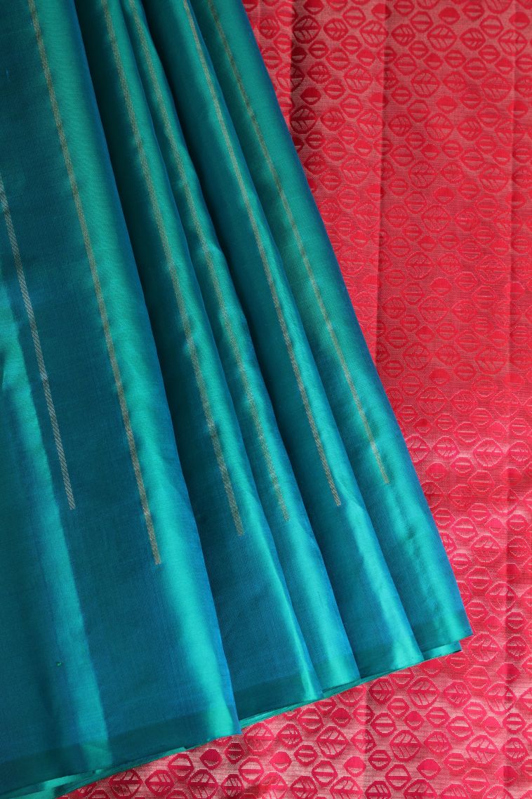 Cerulean Blue Soft Silk Saree with Gold Zari Stripes view 1