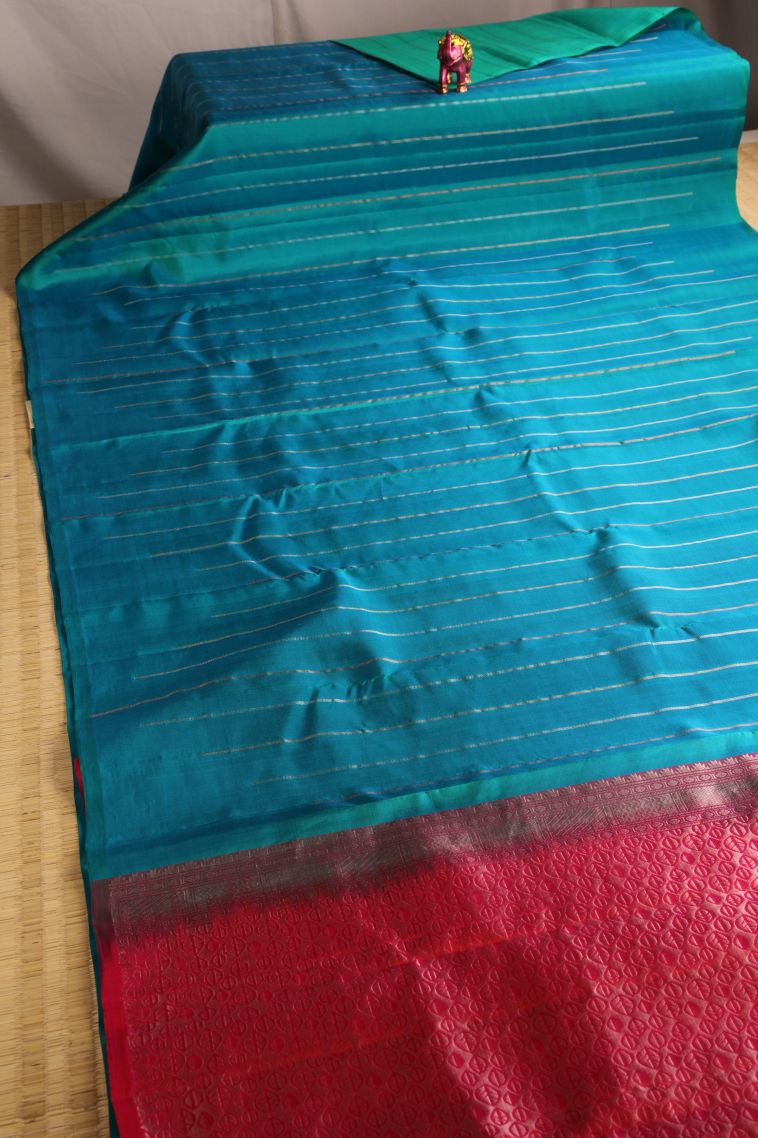 Cerulean Blue Soft Silk Saree with Gold Zari Stripes view 2