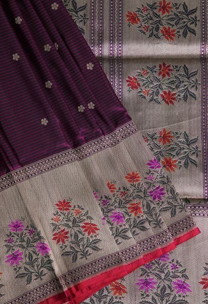Magenta Purple Banaras Silk Saree with Silver Zari Floral Patterns