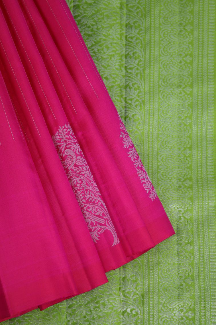 Magenta  Pink Soft Silk Saree with Silver Zari Stripes view 1