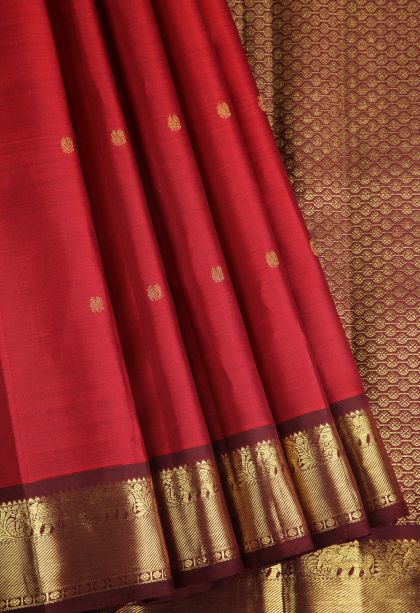Crimson Red Kanchipuram Silk Sarees with Gold Zari Buttis (small Dots Or Motifs)