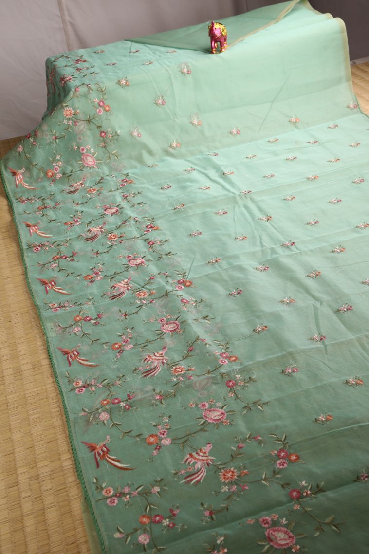 Mint Green Manipuri Cotton Sarees with Multy Colour Zari Floral Patterns view 2