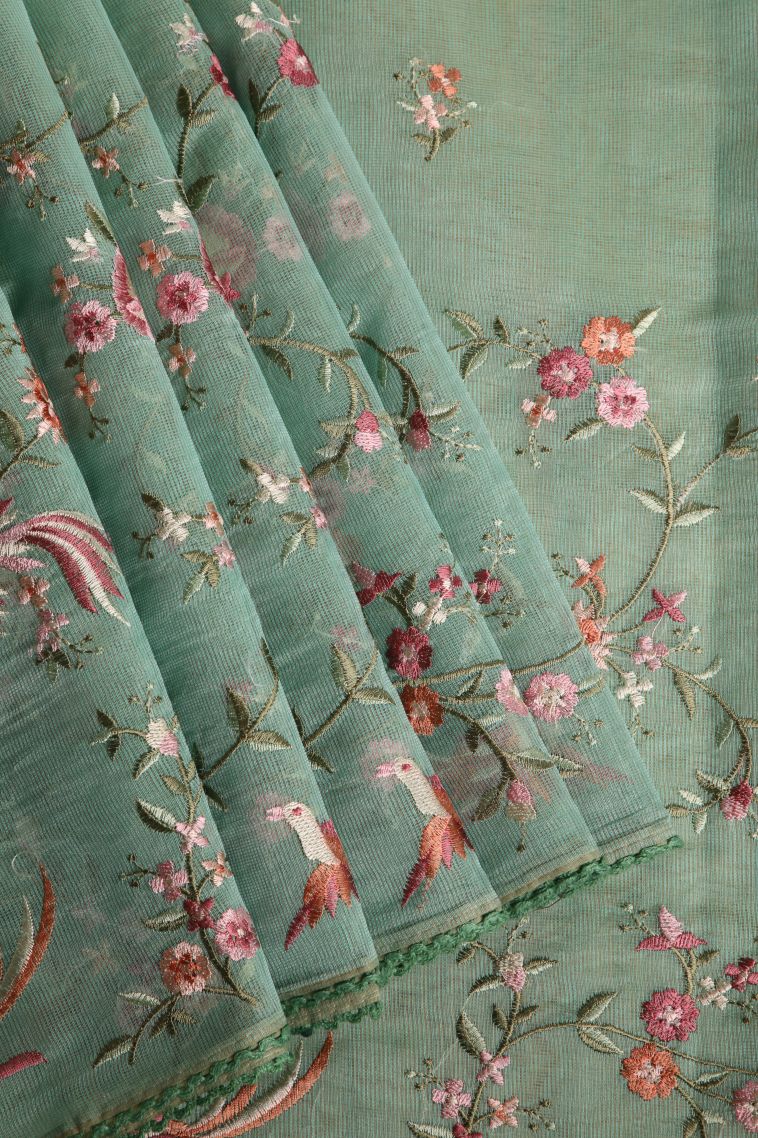 Mint Green Manipuri Cotton Sarees with Multy Colour Zari Floral Patterns view 1