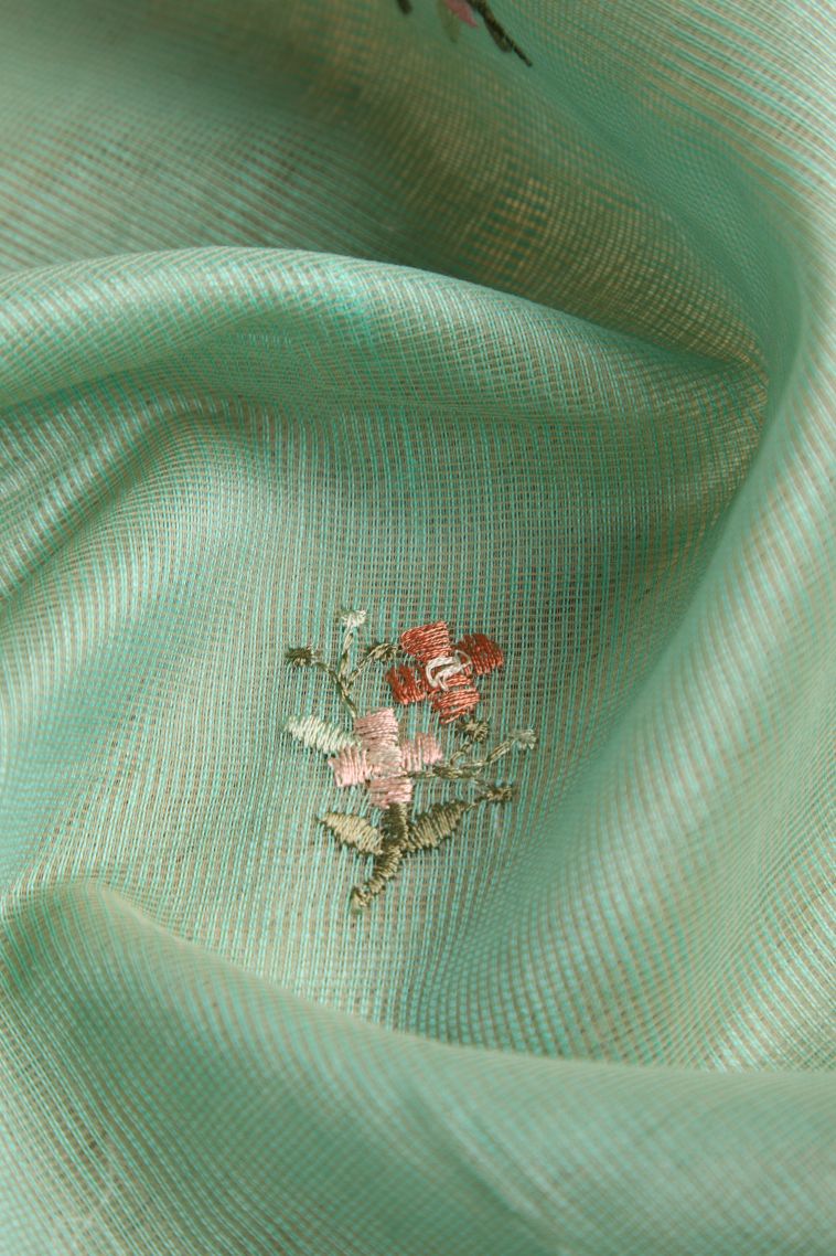 Mint Green Manipuri Cotton Sarees with Multy Colour Zari Floral Patterns view 4