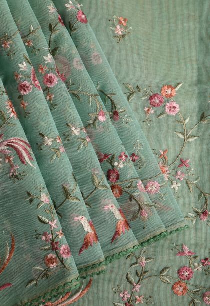 Mint Green Manipuri Cotton Sarees with Multy Colour Zari Floral Patterns