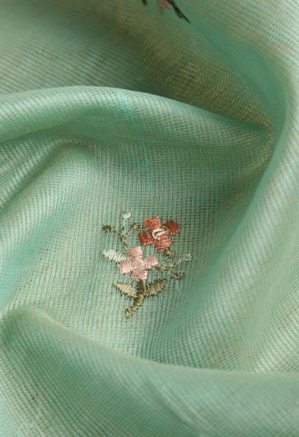 Mint Green Manipuri Cotton Sarees with Multy Colour Zari Floral Patterns