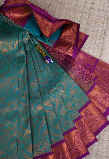 Teal Blue Visiri Madippu Silk Sarees with Copper Zari Floral Patterns