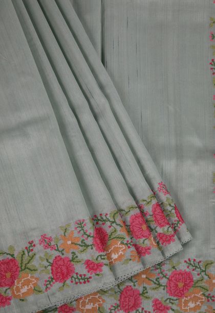 Gray Black Tussar Saree with Without Zari Zari Stripes