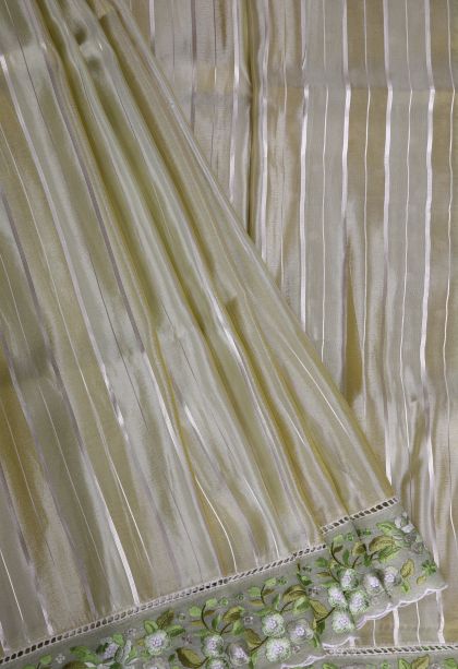 Shortbread Yellow Tussar Saree with Silver Zari Stripes