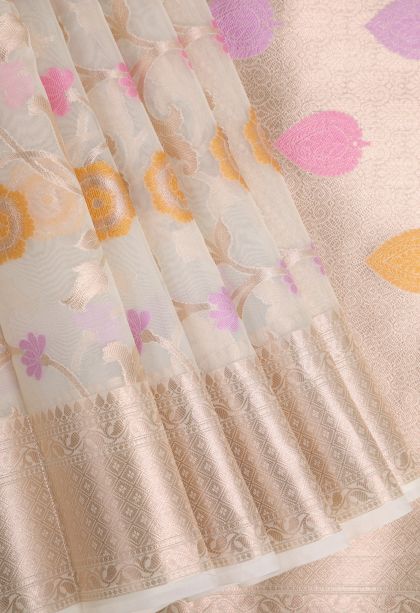 Coconut White Organza Saree with Copper Zari Floral Patterns