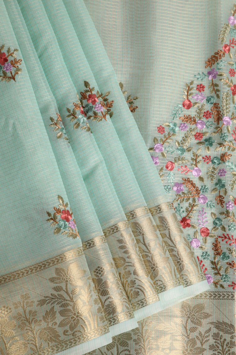 Mint Green Organza Saree with Gold Zari Floral Patterns view 1