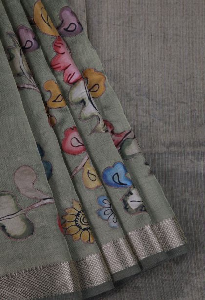 Sage Green Fancy Saree with Silver Zari Floral Patterns