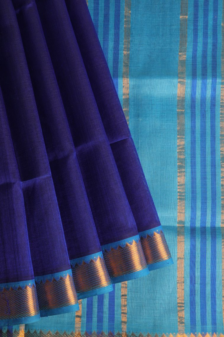 Navy Blue Silk Cotton with Gold Zari Plain view 1