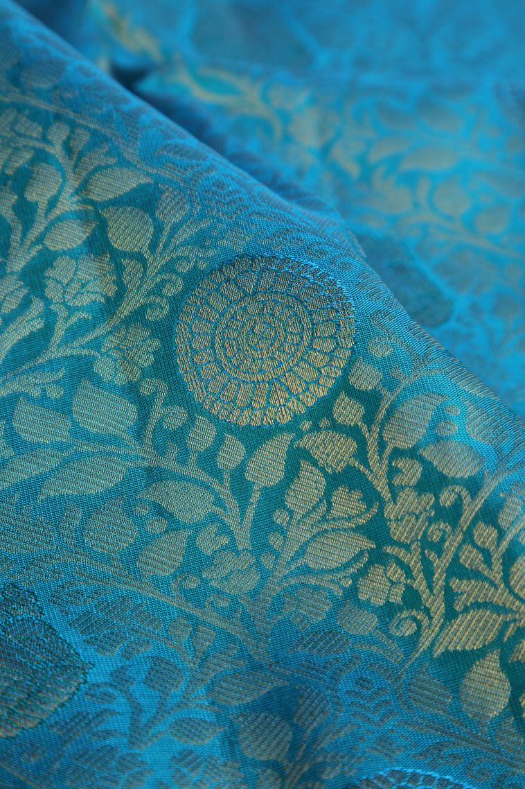 Cerulean Blue Kanchipuram Silk Sarees with Gold Zari Floral Patterns view 4