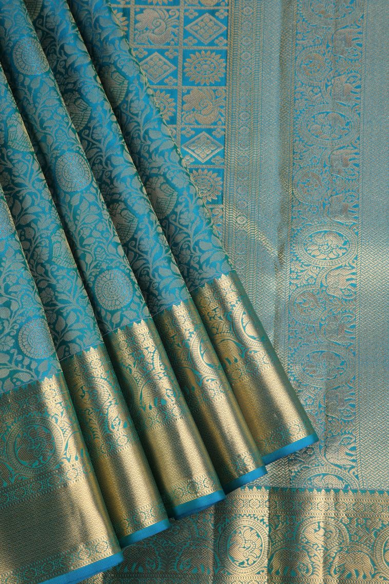 Cerulean Blue Kanchipuram Silk Sarees with Gold Zari Floral Patterns view 1