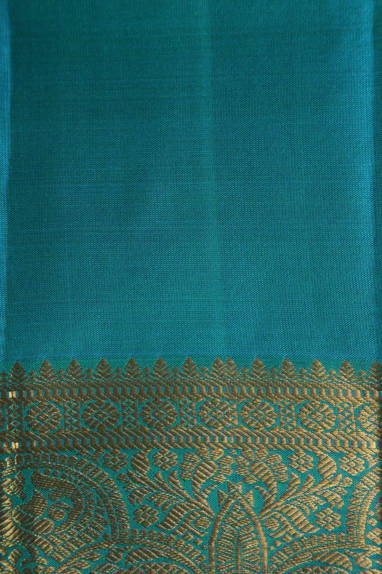 Cerulean Blue Kanchipuram Silk Sarees with Gold Zari Floral Patterns view 3