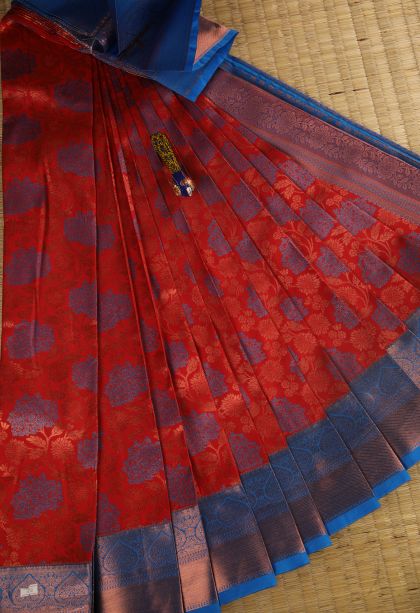 Dawn Red Visiri Madippu Silk Sarees with Copper Zari Floral Patterns