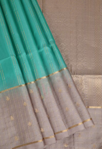 Mint Green Soft Silk Saree with Gold Zari Stripes