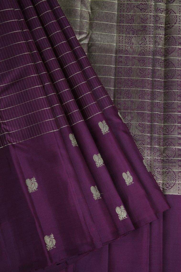 Mulberry Purple Kanchipuram Silk Sarees with Gold Zari Vaira Oosi view 1