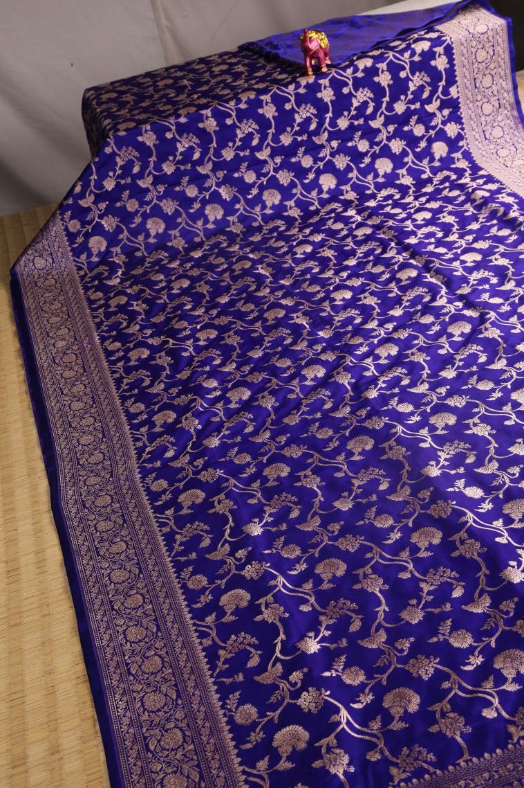 Lapis Blue Banaras Sarees with Gold Zari Floral Patterns view 2