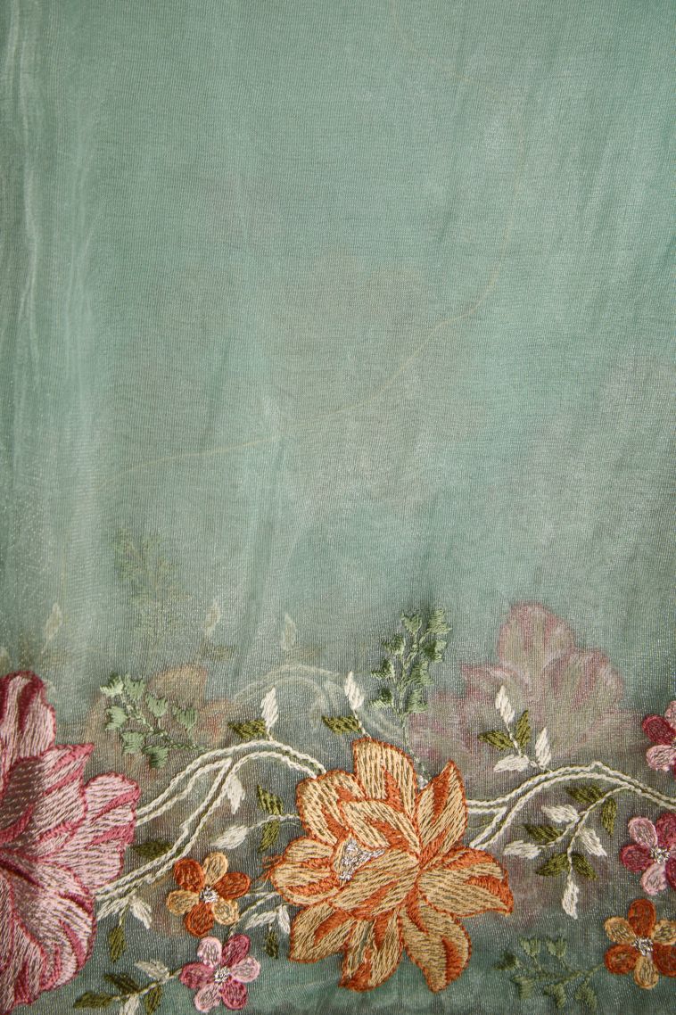 Pistachio Green Organza Saree with Multy Colour Zari Plain view 3