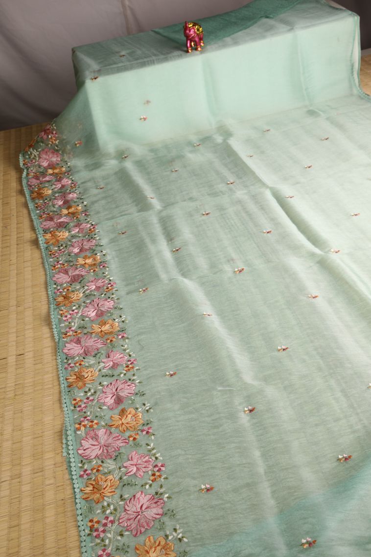 Pistachio Green Organza Saree with Multy Colour Zari Plain view 2