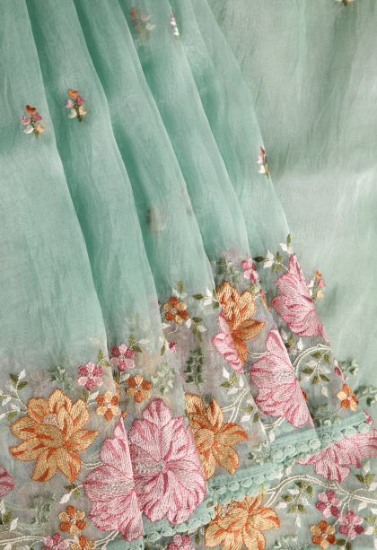 Pistachio Green Organza Saree with Multy Colour Zari Plain
