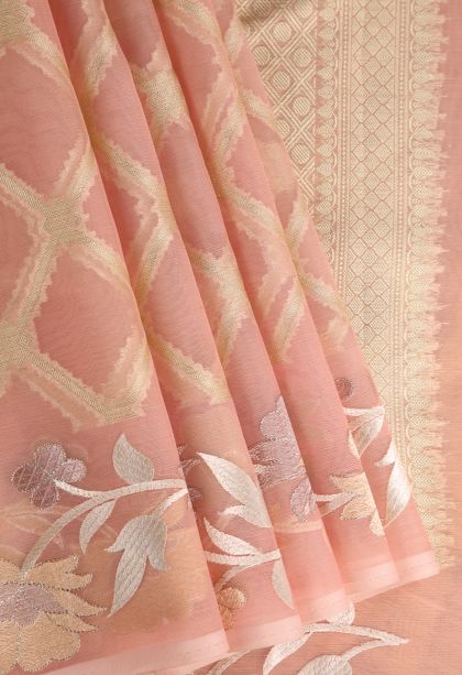 Salmon Pink Organza Saree with Antic Zari Geometric Shapes