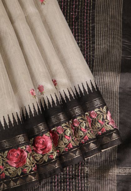 Lace White Raw Silk Sarees with Without Zari Zari Floral Patterns