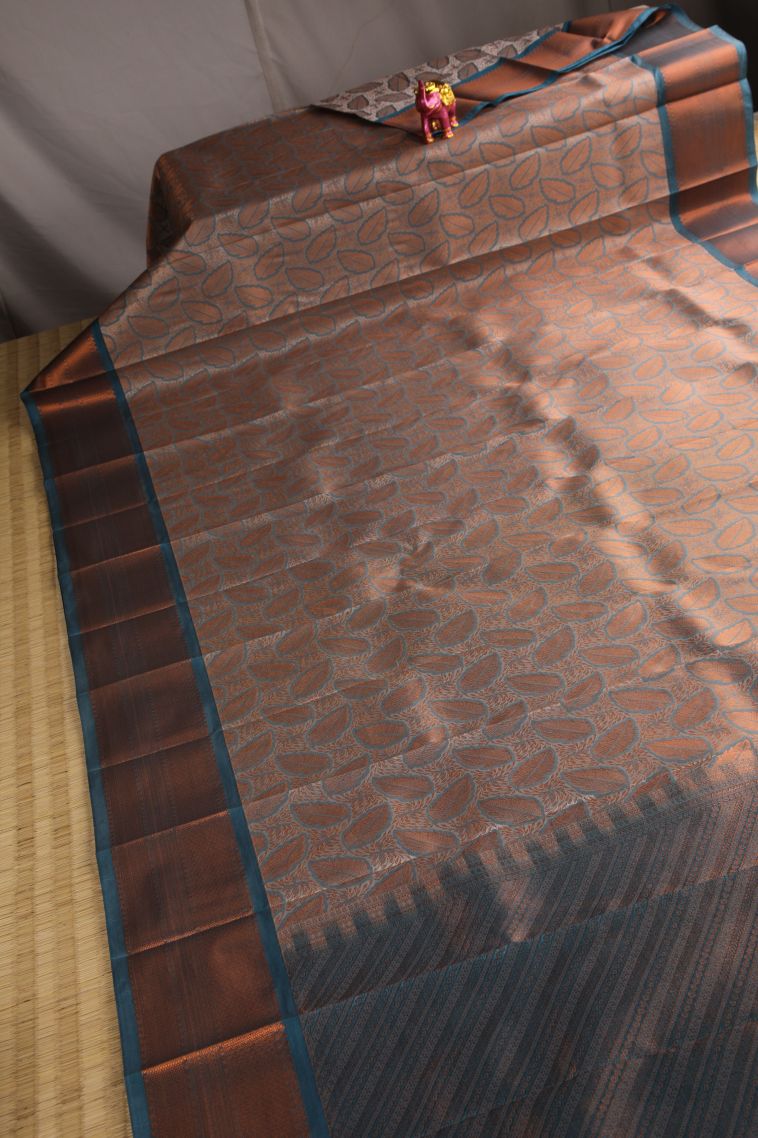 Gray Black Visiri Madippu Silk Sarees with Copper Zari Leaf Pattern view 2