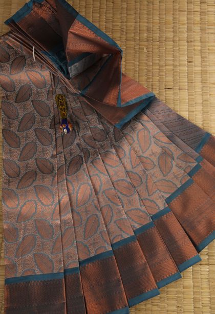 Gray Black Visiri Madippu Silk Sarees with Copper Zari Leaf Pattern