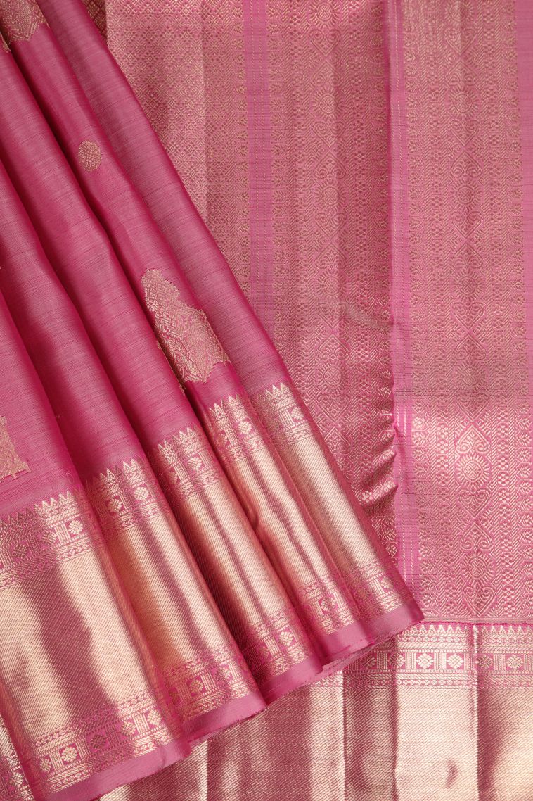 Punch Pink Kanchipuram Silk Sarees with Gold Zari Chariot  And Peacock view 1