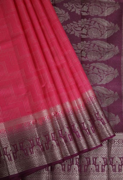 Punch Pink Raw Silk Sarees with Gold Zari Geometric Shapes