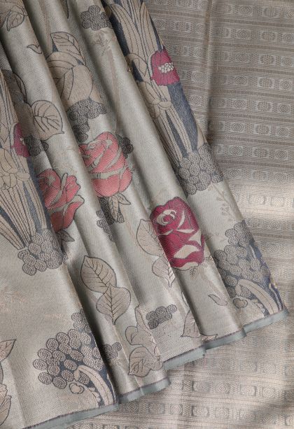 Gray Black Silk Sarees with Gold Zari Floral Patterns