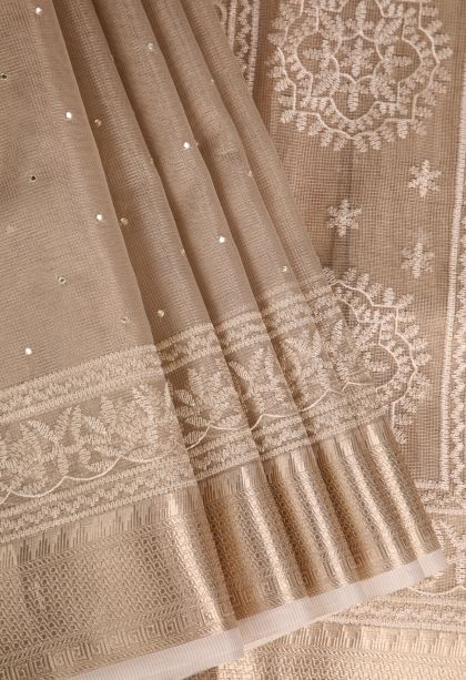 Coconut White Tissue Silk Sarees with Gold Zari Mirror Jamiki Puttas