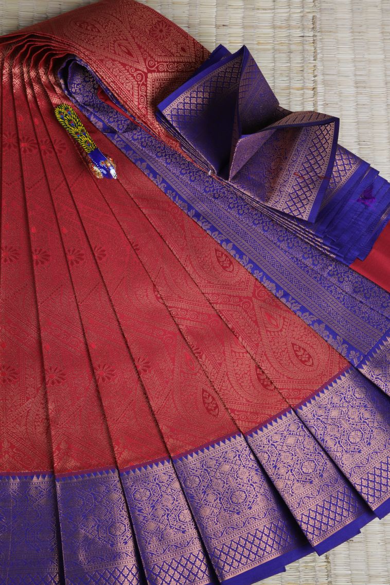 Lipstick Red Visiri Madippu Silk Sarees with Copper Zari Floral Patterns view 1