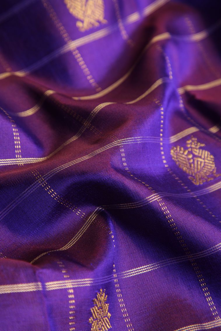 Bosenberry Purple Kanchipuram Silk Sarees with Gold Zari Checks And Puttas view 4