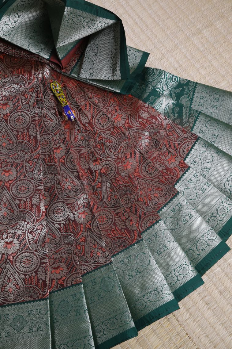 Tawny Brown Visiri Madippu Silk Sarees with Silver Zari Floral Patterns view 1