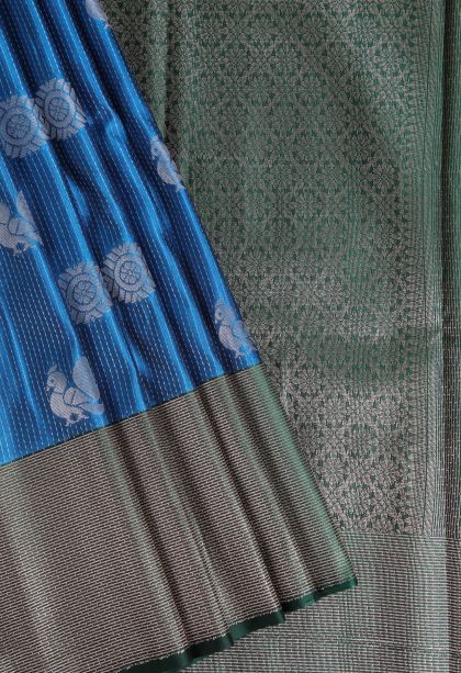 Cerulean Blue Soft Silk Sarees with Gold Zari Peacock Motifs