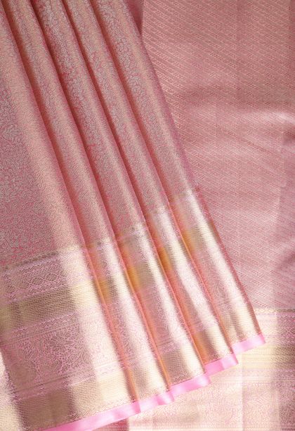 Lemonade Pink Tissue Silk Sarees with Gold Zari Floral Patterns