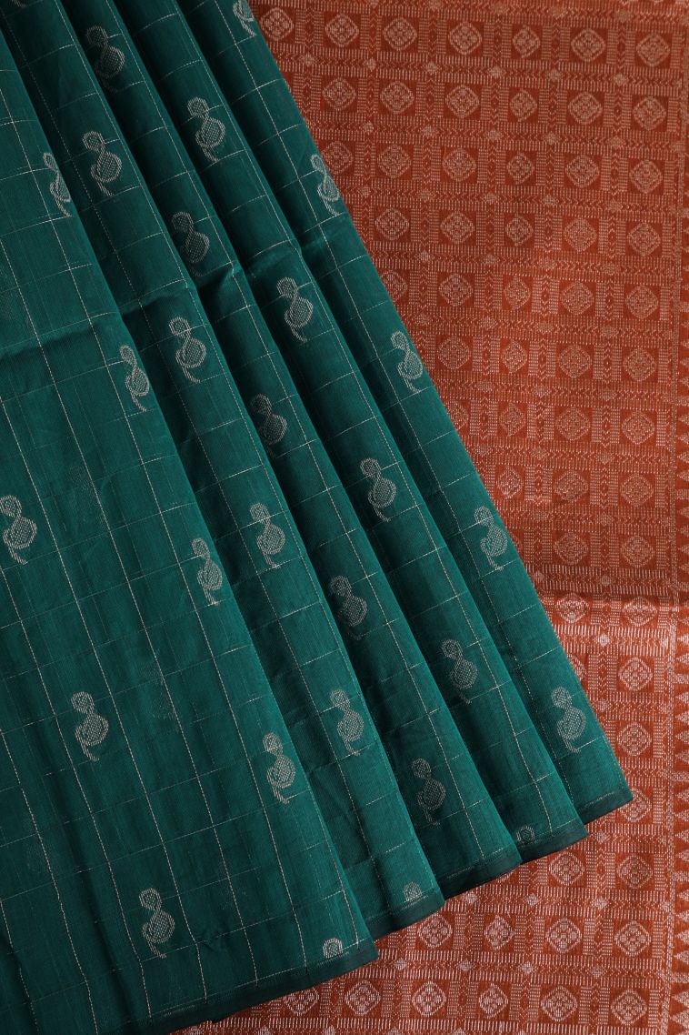 Ocean Blue Silk Cotton Sarees with Silver Zari Checks And Puttas view 1
