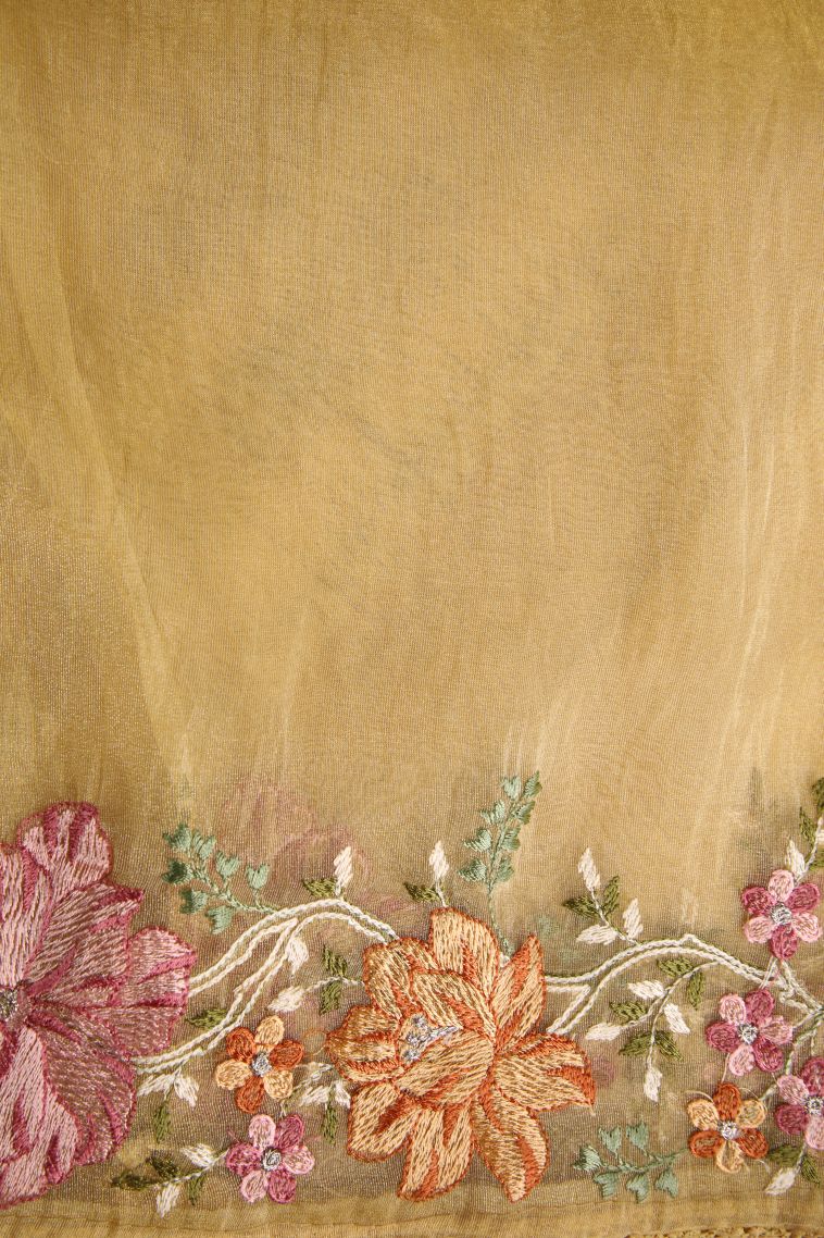 Gold Organza Saree with Multy Colour Zari Plain view 3