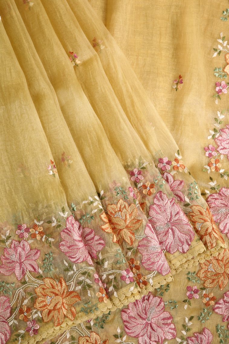 Gold Organza Saree with Multy Colour Zari Plain view 1