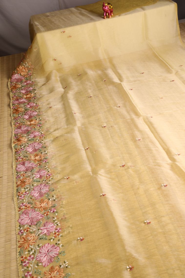 Gold Organza Saree with Multy Colour Zari Plain view 2
