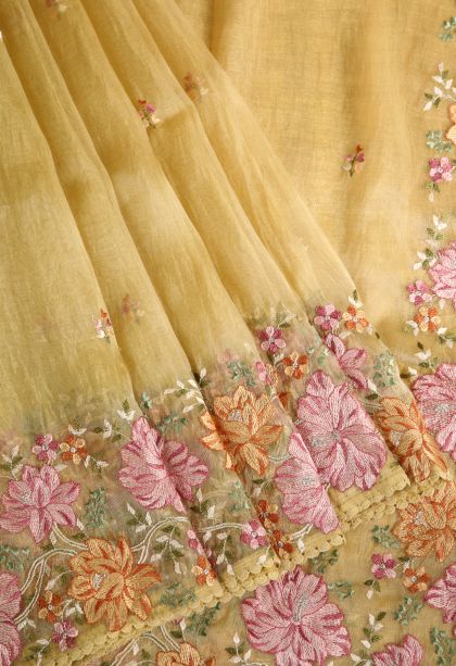 Gold Organza Saree with Multy Colour Zari Plain
