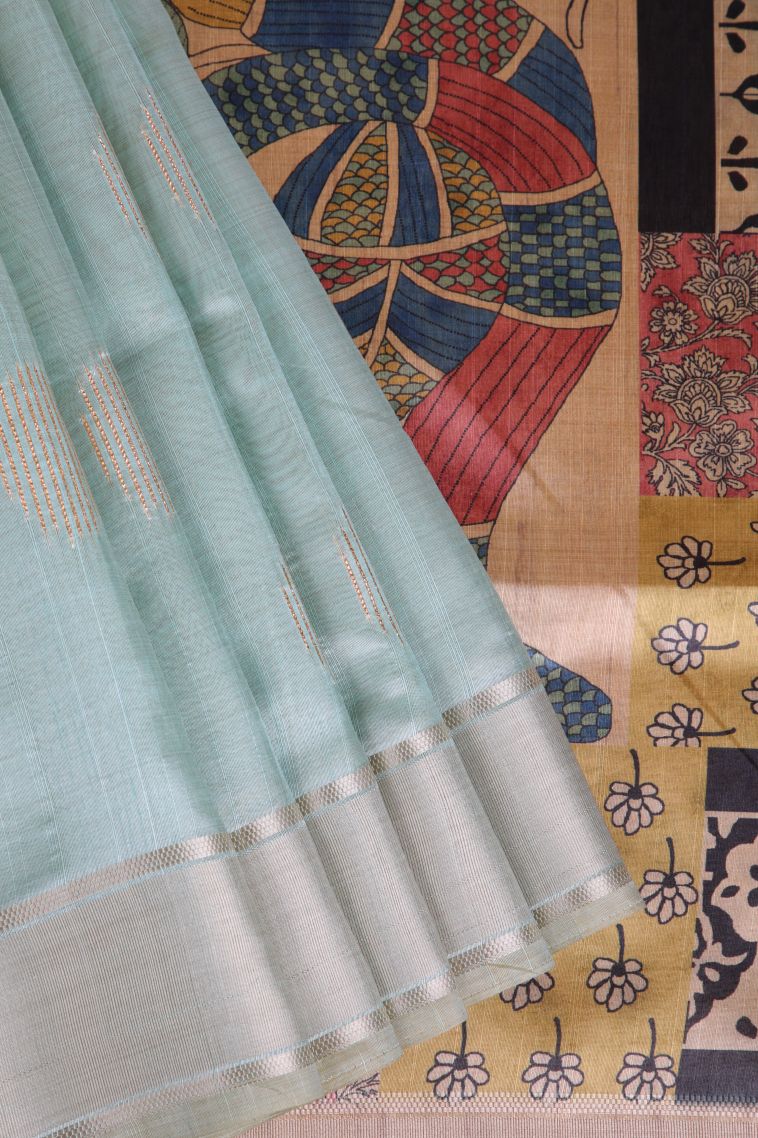 Pistachio Green Tussar Saree with Gold Zari Geometric Shapes view 1