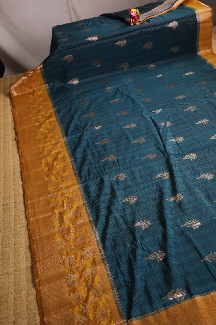 Peacock Blue Jute Sarees with Gold Zari Floral Puttas view 2