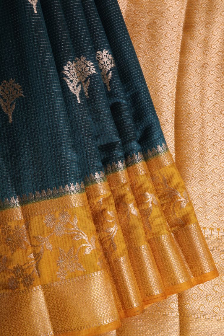 Peacock Blue Jute Sarees with Gold Zari Floral Puttas view 1